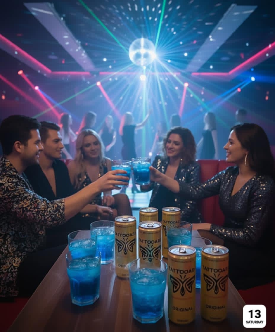 Friends toasting with TATTOOABA at a nightclub